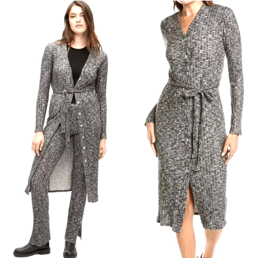 Michael Stars Duster Rib Cardigan Sleek Midi Dress Luxe Jasper Gray S Waist Tie
